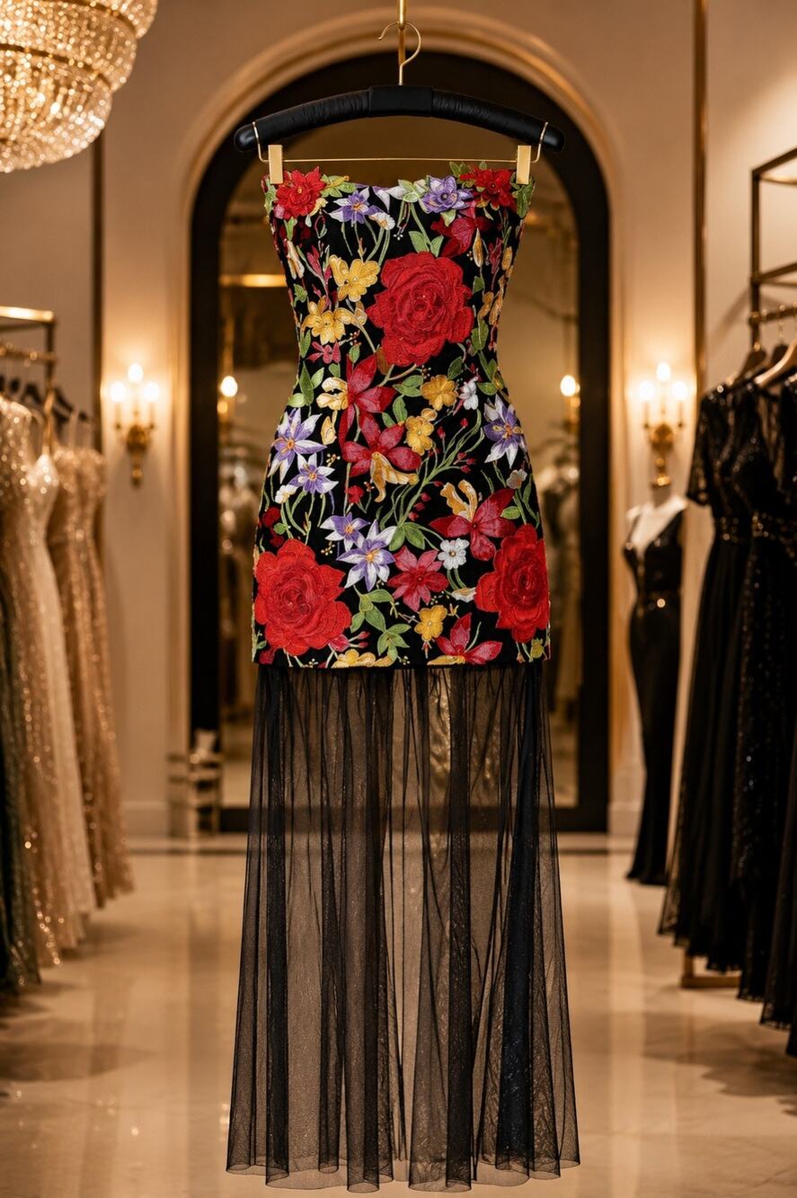 ELLIATT Black Floral 3D Embroidered Strapless Sheer Mesh Maxi Dress Luxury